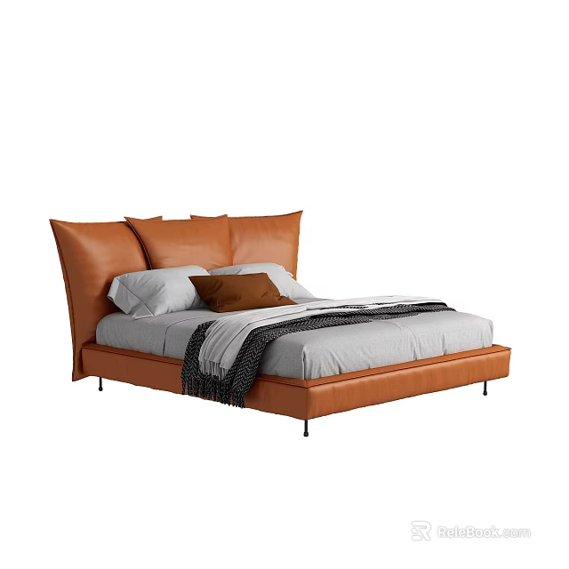 Minimalist Leather Double Bed With Upholstered Headboard And Bedspread Pillows 3d model