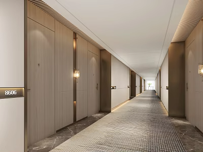Modern Hotel Corridor With Wooden Walls Textured Floor Tiles And Recessed Lighting 3d model