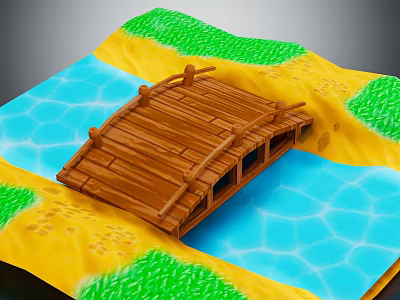 Wooden Bridge Scene With Blue Water Area Yellow Sand And Green Grass Patches 3d model
