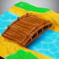 Wooden Bridge Scene With Blue Water Area Yellow Sand And Green Grass Patches