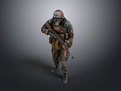 Soldier In Protective Suit With Gas Mask Holding Rifle Standing Pose 3d model