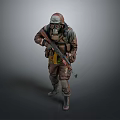 Soldier In Protective Suit With Gas Mask Holding Rifle Standing Pose