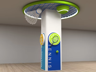 Tennis Themed Pillar With Racket Design Badminton Shuttlecock And Green Grid Top 3d model