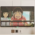 Wall Mounted Television Showing Animated Characters in Outdoor Scene with Railing