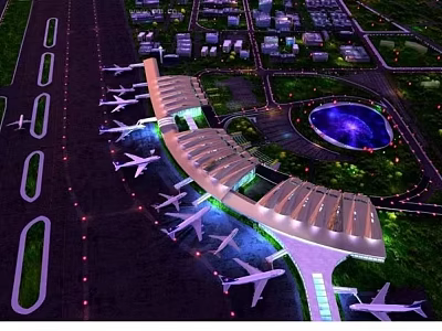 Aerial Planning of Modern Airport Terminal with Runways Planes and Water Feature 3d model