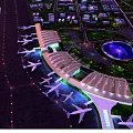 Aerial Planning of Modern Airport Terminal with Runways Planes and Water Feature