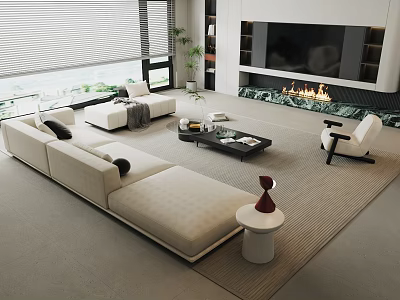 Modern Living Room Sofa and Coffee Table Set with Floor-to-Ceiling Windows Fireplace and Accent Chair 3d model