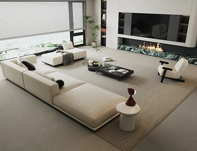 Modern Living Room Sofa and Coffee Table Set with Floor-to-Ceiling Windows Fireplace and Accent Chair 3d model