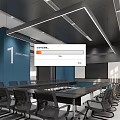 Modern Conference Room Interior With Blue Walls Long Table Black Chairs And Large Screen