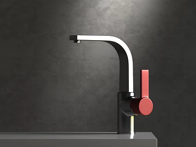 Modern Stainless Steel Kitchen Faucet With Red Handle And Sleek Design On Gray Background 3d model