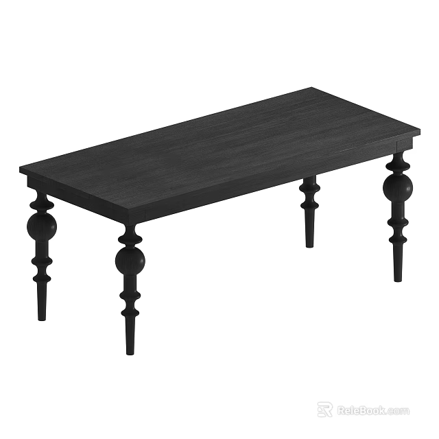 Black Wooden Dining Table with Rectangular Tabletop and Decorative Legs Featuring Spherical Accents 3d model 