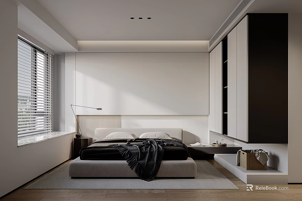 Modern Bedroom Interior Design With White Walls Black Wardrobes And Large Windows With Blinds 3d model 