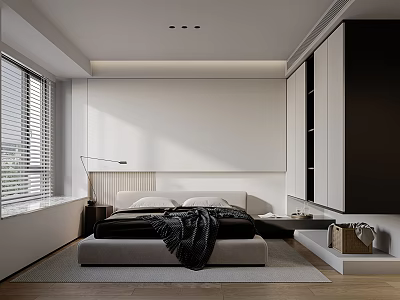 Modern Bedroom Interior Design With White Walls Black Wardrobes And Large Windows With Blinds 3d model