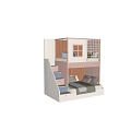 Modern Bunk Bed With Upholstered Panels Storage Stairs Gray Pink Pillows And Net