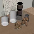 Glass Spice Jars with Nuts and Spices on Wooden Tabletop in Minimalist Kitchen