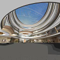 Modern Shopping Mall Atrium With Glass Dome Ceiling Multi Level Design Escalators And Pedestrians