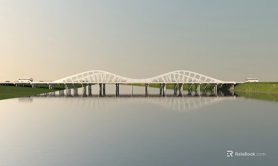 Modern White Arched Bridge Spanning Calm Water With Clear Reflection 3d model 