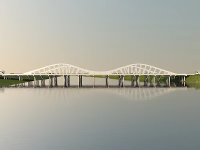 Modern White Arched Bridge Spanning Calm Water With Clear Reflection 3d model