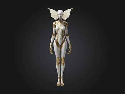Fantasy Humanoid Figure With White Body Gold Accents And Elegant Wings 3d model