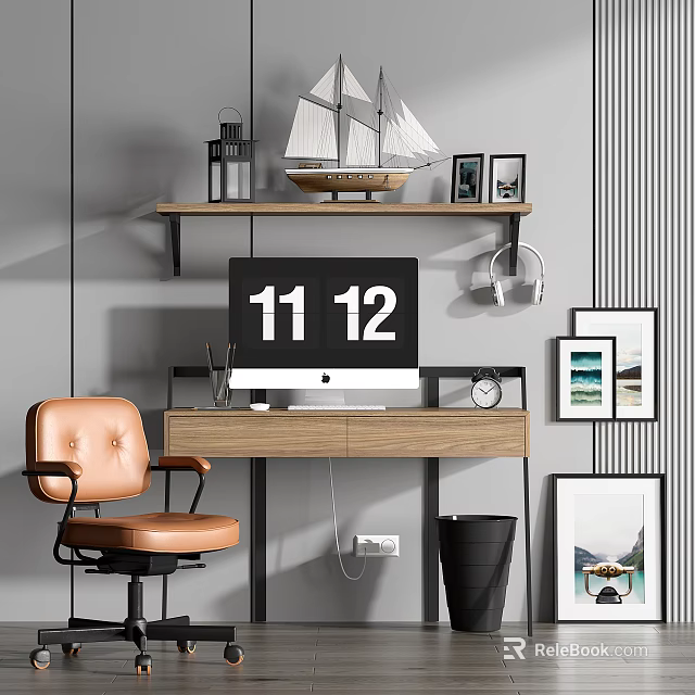 Home Office Desk Setup With Monitor Sailboat Model Photo Frames And Brown Leather Chair 3d model 
