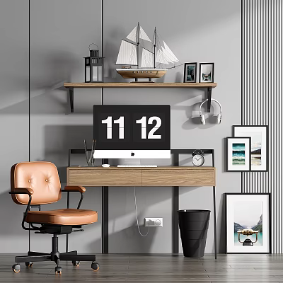 Home Office Desk Setup With Monitor Sailboat Model Photo Frames And Brown Leather Chair 3d model