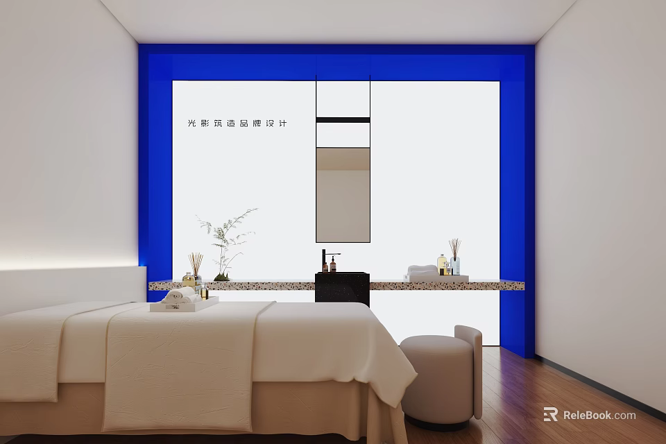 Luxurious SPA Sauna Room With Comfortable Bed Blue Partition Mirror And Wooden Floor 3d model 