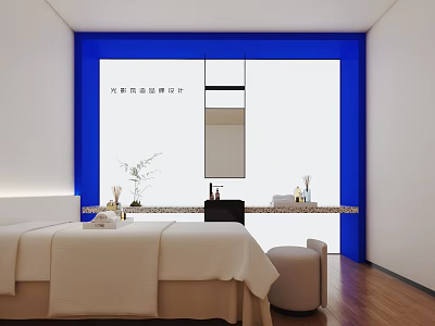 Luxurious SPA Sauna Room With Comfortable Bed Blue Partition Mirror And Wooden Floor 3d model