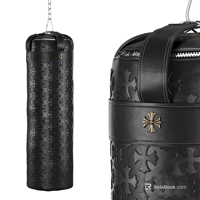 Black Leather Punching Bag Sports Equipment with Cross Patterns and Metal Emblem 3d model 