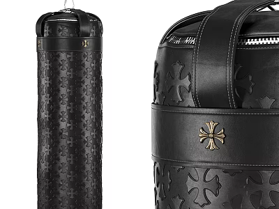 Black Leather Punching Bag Sports Equipment with Cross Patterns and Metal Emblem 3d model