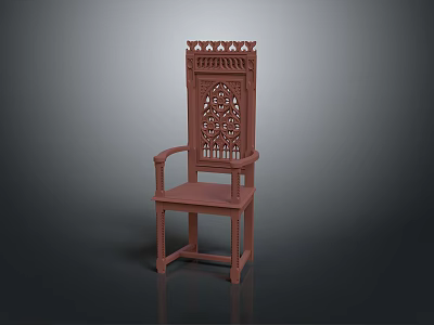 Traditional Carved Wooden Stool With Armrest And Intricate Backrest Design 3d model