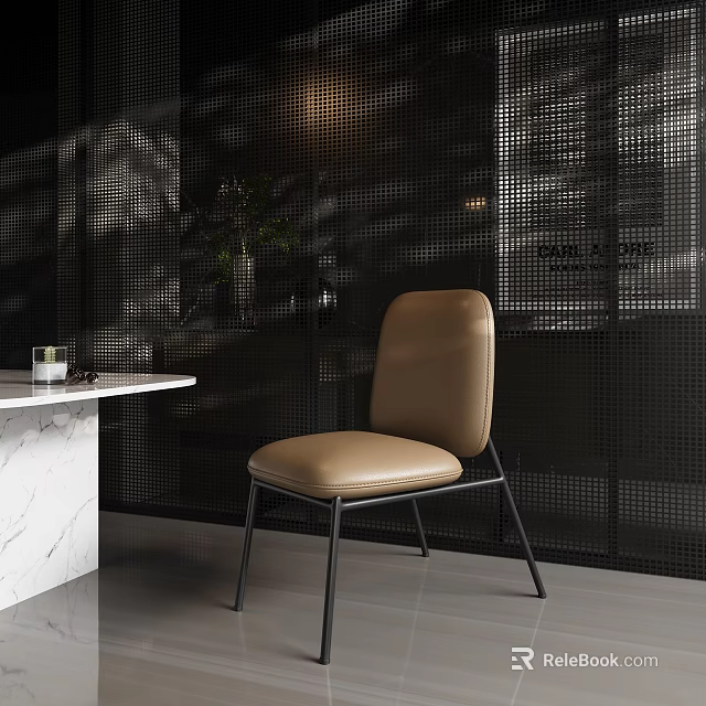 Modern Brown Leather Dining Chair With Black Metal Legs In Minimalist Interior 3d model 