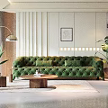 Elegant Living Room Interior With Green Velvet Sofa Wooden Coffee Table Floor Lamp And Plants