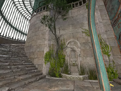 Stone Building With Glass Dome Stairs Arched Design And Green Plants 3d model