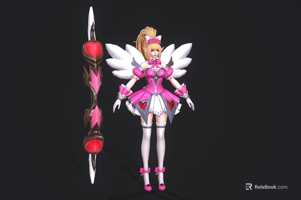 Magical Game Movie Character With Blonde Ponytail Pink Outfit White Wings And Red Heart Weapon 3d model 