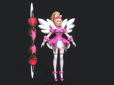 Magical Game Movie Character With Blonde Ponytail Pink Outfit White Wings And Red Heart Weapon 3d model
