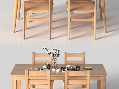 Wooden Dining Table Set with Four Chairs and Decorative Tabletop Items 3d model