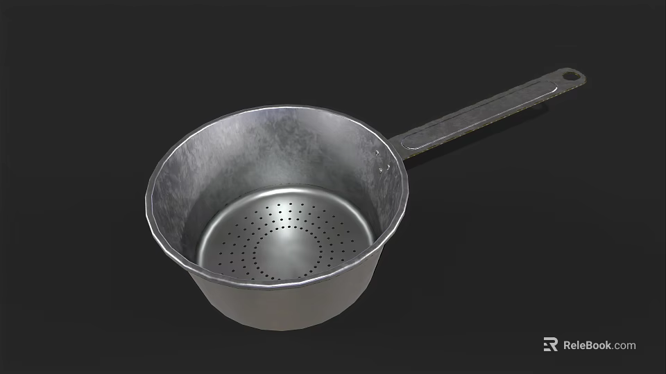 Metal Kitchen Colander With Long Handle And Perforated Holes For Cooking 3d model 