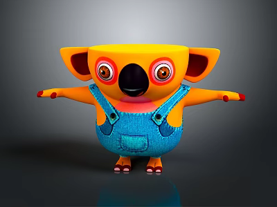 3D Cartoon Koala Character With Yellow Body Blue Overalls Big Eyes And Outstretched Arms 3d model