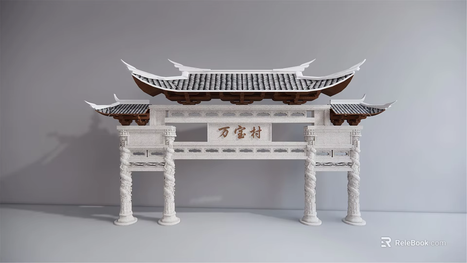 Traditional Chinese Archway Featuring Tiled Roof Flying Eaves White Pillars And Stone Plaque 3d model 