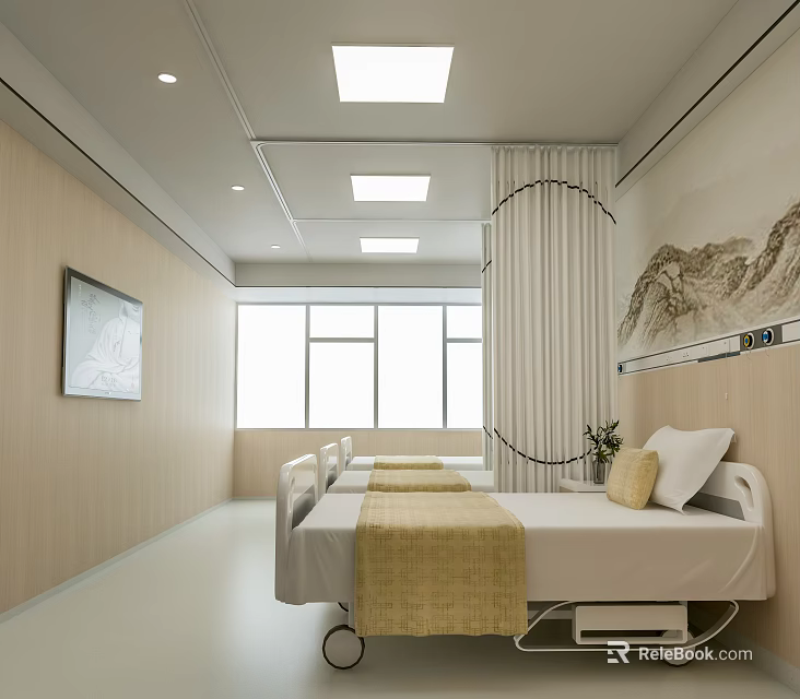 Clean Hospital Ward Interior With White Beds Yellow Blankets Windows And Landscape Paintings 3d model 