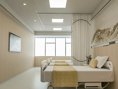 Clean Hospital Ward Interior With White Beds Yellow Blankets Windows And Landscape Paintings 3d model