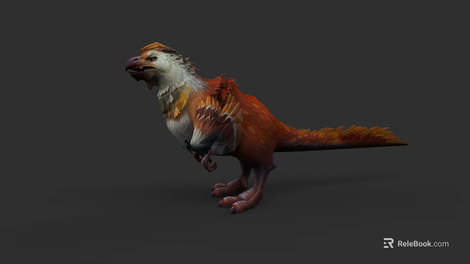 Feathered Reptile 3D Model With Orange White Plumage Standing Posture And Long Tail 3d model 