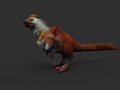 Feathered Reptile 3D Model With Orange White Plumage Standing Posture And Long Tail 3d model