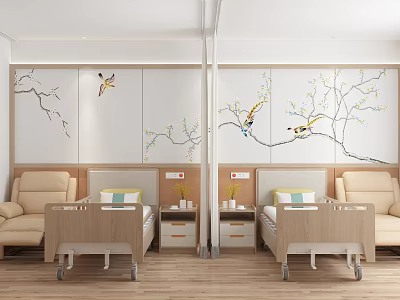 Modern Hospital Ward Interior With Medical Beds Armchairs And Decorative Wall Paintings 3d model