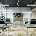 Modern Public Office Area Interior Design With Desks Computers Green Plants And Storage Cabinets