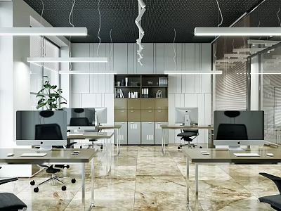 Modern Public Office Area Interior Design With Desks Computers Green Plants And Storage Cabinets 3d model