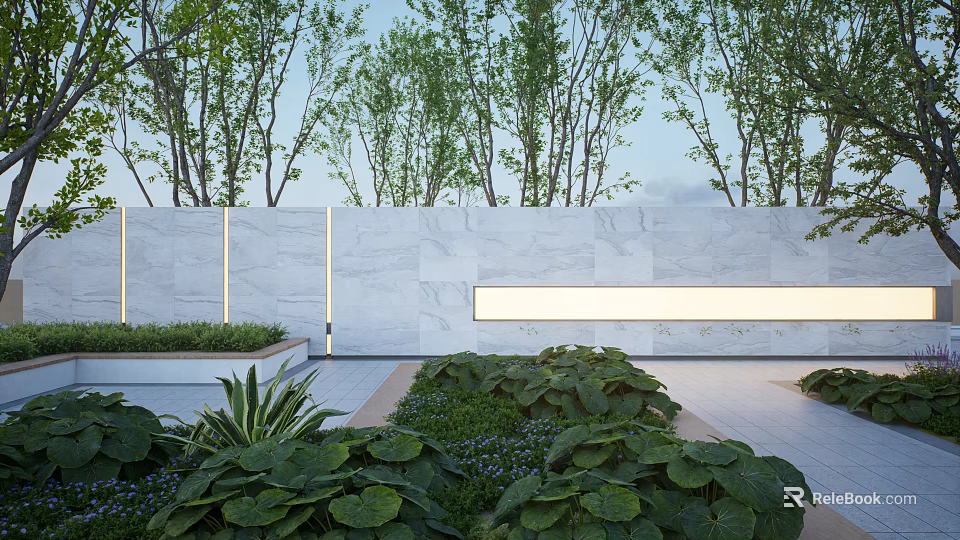 Modern Landscape Wall Design With Marble Surface And Surrounding Green Plants And Trees 3d model 