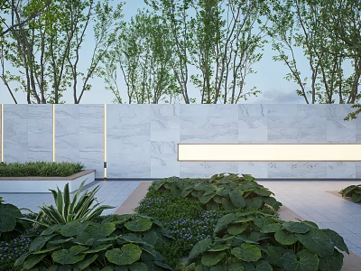 Modern Landscape Wall Design With Marble Surface And Surrounding Green Plants And Trees 3d model