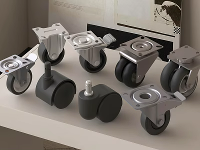 Different Types Of Heavy Duty Rubber Tires With Metal Brackets Displayed On White Surface 3d model