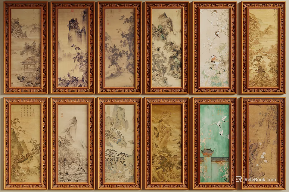 Traditional Chinese Landscape Paintings in Golden Frames with Mountain River Flower Bird Motifs Arranged Neatly 3d model 